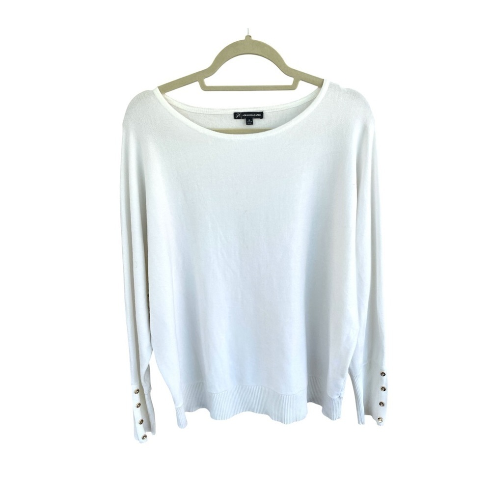 Adrianna Papell White Knit Sweater Size XL Pullover Long Sleeve Button Cuff